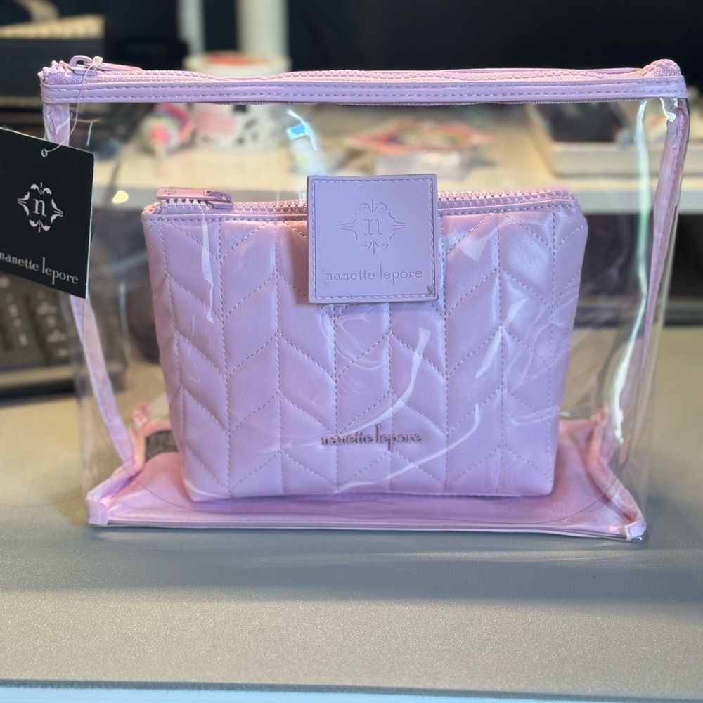 NWT Nanette Lepore Pink Cosmetic Bag Set with Quilted Inner Case